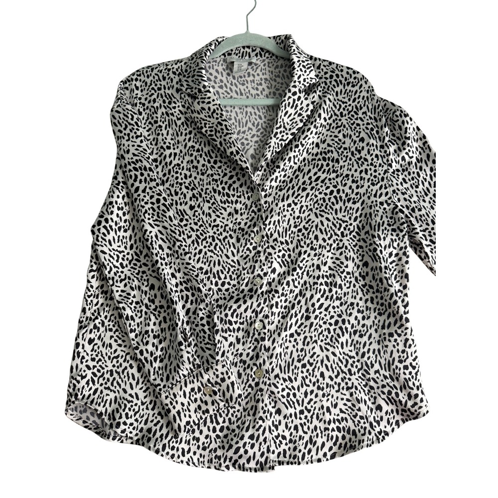 Rachel Zoe Womens Medium Animal Print Satin Button Down Blouse Black White